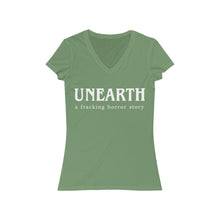 Load image into Gallery viewer, Unearth White Logo Women's Jersey Short Sleeve Slim V-Neck Tee