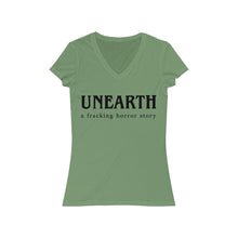 Load image into Gallery viewer, Unearth Black Logo Women's Jersey Short Sleeve Slim V-Neck Tee