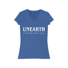Load image into Gallery viewer, Unearth White Logo Women's Jersey Short Sleeve Slim V-Neck Tee