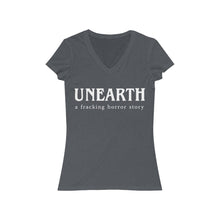 Load image into Gallery viewer, Unearth White Logo Women's Jersey Short Sleeve Slim V-Neck Tee