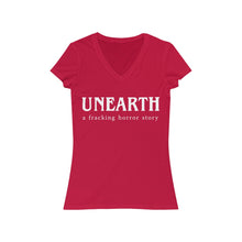 Load image into Gallery viewer, Unearth White Logo Women's Jersey Short Sleeve Slim V-Neck Tee
