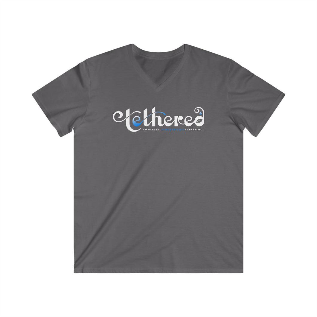 Tethered 2025 Fitted Logo V‑Neck Tee — Stylized Script Graphic T‑Shirt