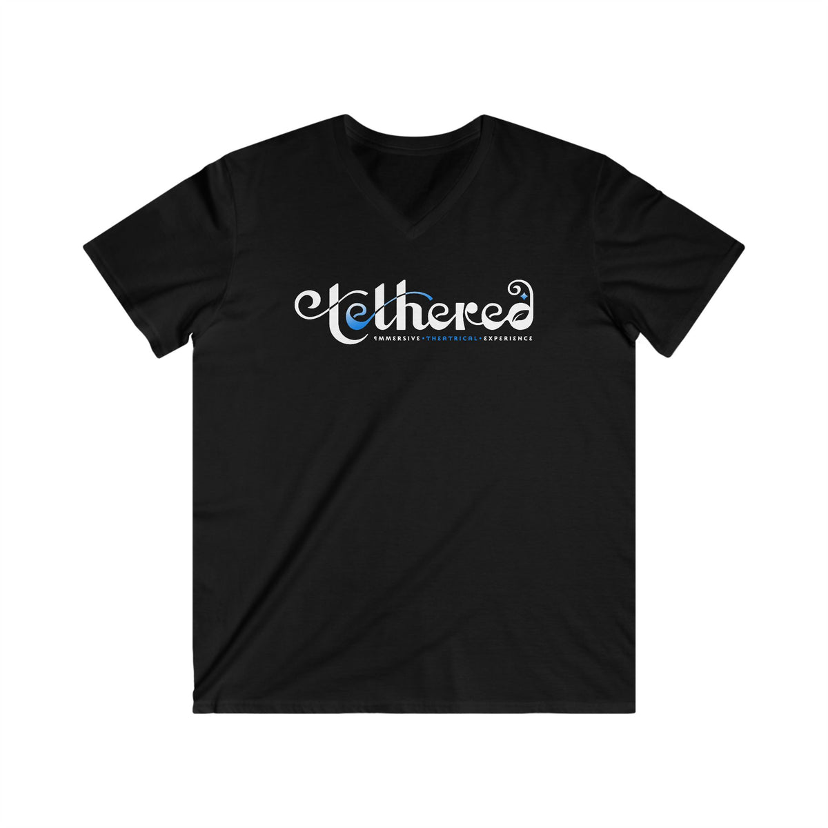 Tethered 2025 Fitted Logo V‑Neck Tee — Stylized Script Graphic T‑Shirt