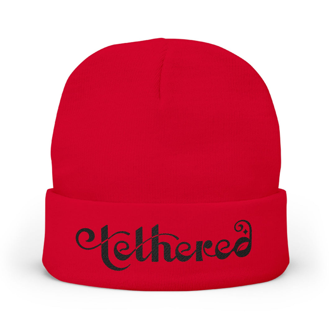 Embroidered Tethered 2025 Knit Beanie — Cozy Winter Hat with Script Embroidery