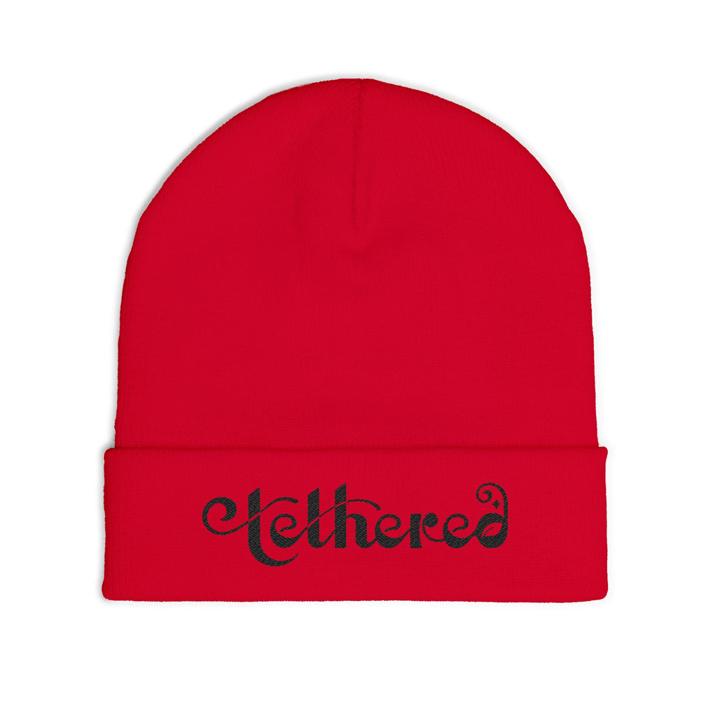 Embroidered Tethered 2025 Knit Beanie — Cozy Winter Hat with Script Embroidery