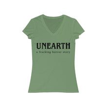 Load image into Gallery viewer, Unearth Black Logo Women&#39;s Jersey Short Sleeve Slim V-Neck Tee
