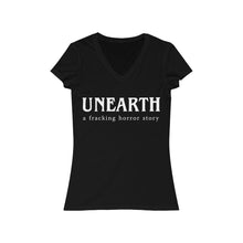 Load image into Gallery viewer, Unearth White Logo Women&#39;s Jersey Short Sleeve Slim V-Neck Tee
