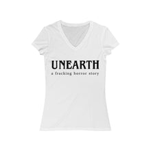 Load image into Gallery viewer, Unearth Black Logo Women&#39;s Jersey Short Sleeve Slim V-Neck Tee
