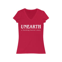 Load image into Gallery viewer, Unearth White Logo Women&#39;s Jersey Short Sleeve Slim V-Neck Tee
